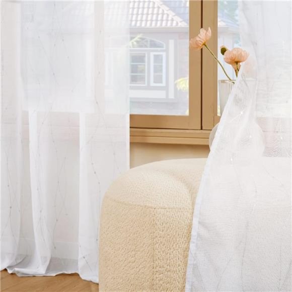 White Sheer Curtains 2 Panels Set, Grommet Sheer Curtains for Bedroom, Curtains - Picture 4 of 6